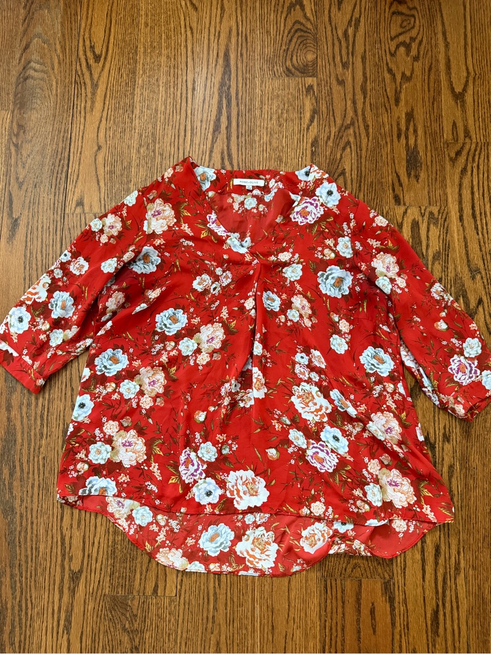Rose & Olive Red Floral Top with White Blooms